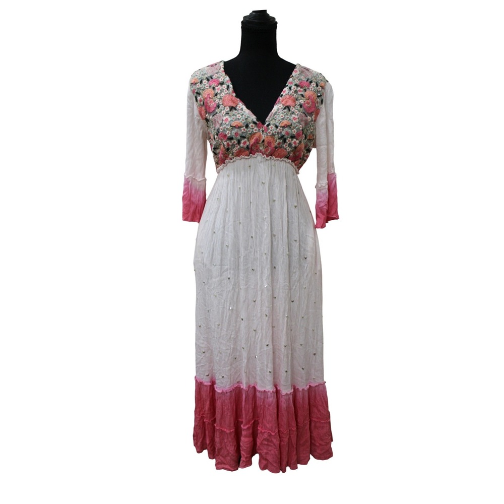 Zury Embroidered Sequin Ombre Maxi Dress Women Free Size Pink White, Bohemian